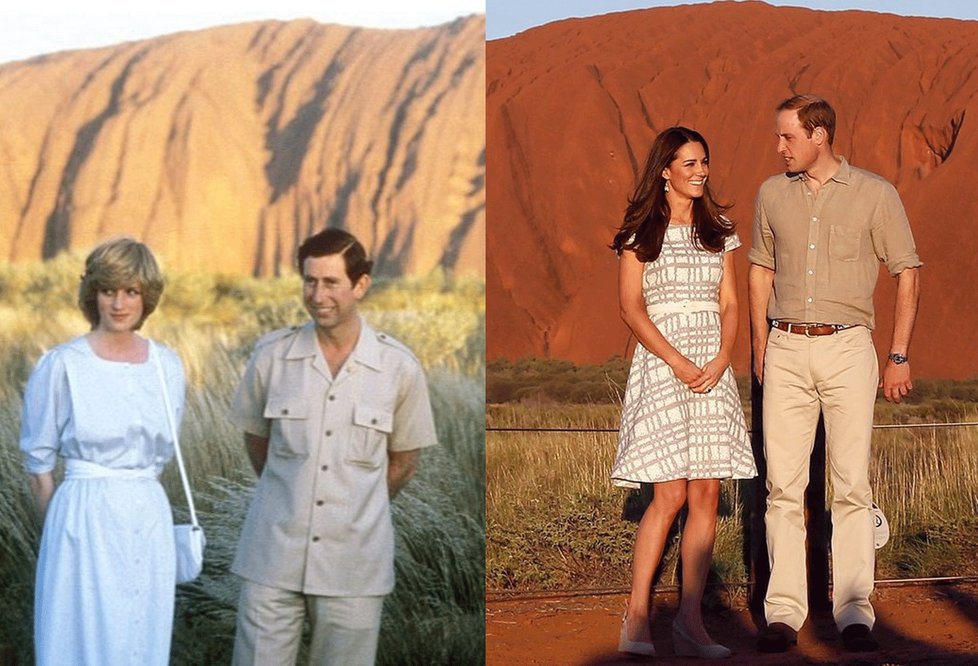 Diana a Charles v Austrálii u skály Ayers Rock v roce 1983; Kate a William u skály Ayers Rock v roce 2014.