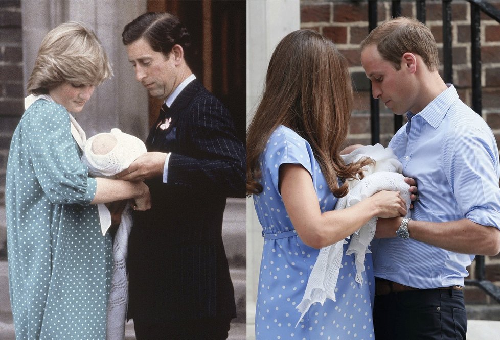 Diana a Charles představují veřejnosti syna Williama den po jeho narození v roce 1982; Kate a William představují prince George den po jeho narození v roce 2013.