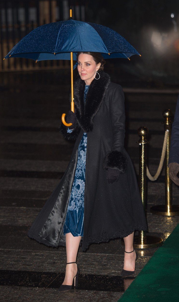 Na šaty oblékla kabátek švédské značky Ida Sjöstedt couture a barvu deštníku sladila s šaty.