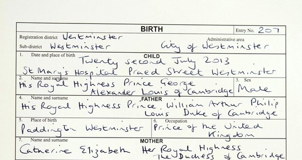 Do rodného listu zapsal i William své celé jméno, tedy Jeho královská Výsost princ William Arthur Philip Louis, vévoda z Cambridge. V kolonce povolání uvedl princ Spojeného království.  Svou manželku Kate zapsal britský princ jako Catherine Elizabeth, Její královskou Výsost, vévodkyni z Cambridge a u jejího povolání rovněž napsal princezna Spojeného království.