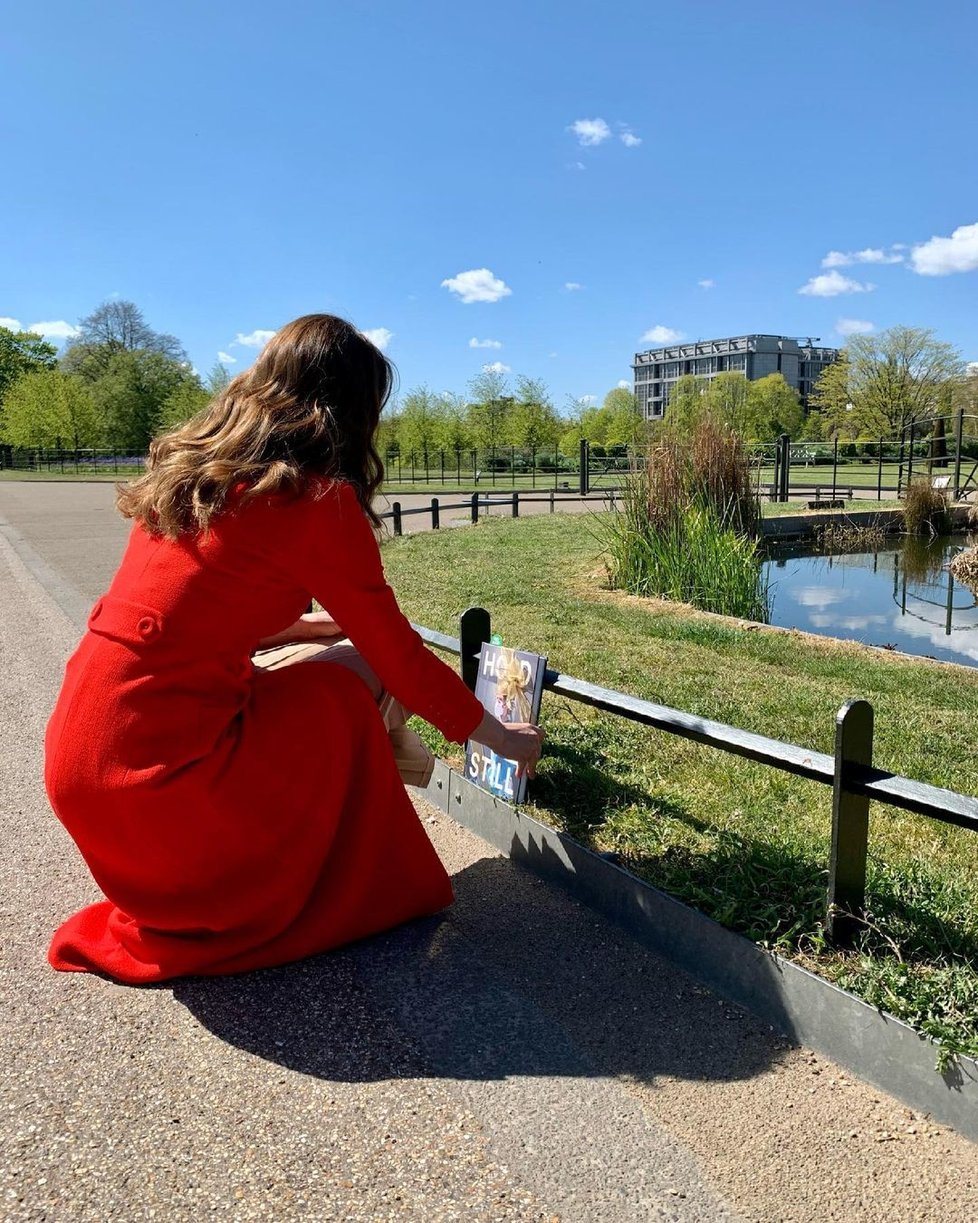 Kate odkládá kopii fotografické publikace Hold Still na nespecifikované místo.