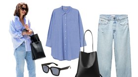 Inspirace na letní uvolněný outfit podle Katie Holmes: Košile H&M džíny Zara - 699 Kč; kožená kabelka COS - 150 € (zhruba 3 850 Kč); kožené mokasíny eobuv.cz - po slevě 2 994 Kč; sluneční brýle Mango - 499 Kč