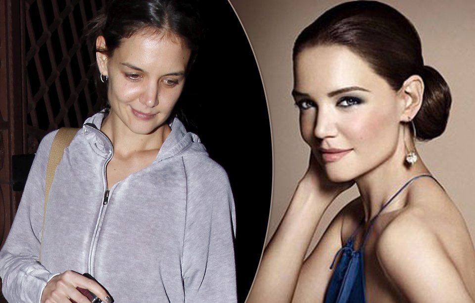 Katie Holmes v civilu a na fotografii pro kampaň kosmetické značky Bobbi Brown. Photoshop dokáže skutečné zázraky.