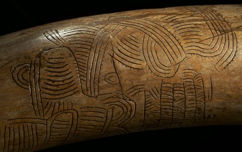 Detailní pohled na kel z Pavlova.  Podle odborníků jsou rytiny prehistorickou mapou.