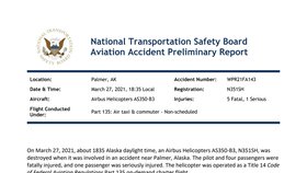Americký Národní úřad pro bezpečnost v dopravě zveřejnil zprávu o nehodě Kellnerova vrtulníku.