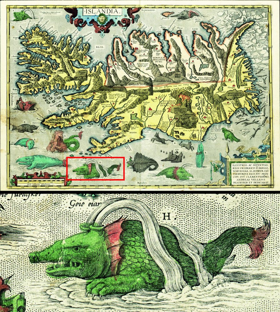 Orteliova mapa Islandu přibližně z&nbsp;roku 1590 zobrazuje řadu bájných mořských nestvůr, pod písmenem H je vyobrazená hafgufa, velryba, která číhá na ryby s&nbsp;otevřenou tlamou