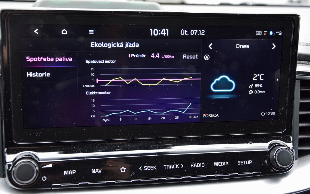 V menu „Ekologická jízda“ najdete křivky spotřeby elektrického a zážehového motoru. V zimních měsících pracují takřka vždy oba.