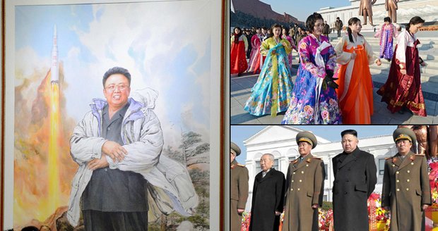 Oslav narozenin zesnulého vůdce Kim Čong-ila se zůčastnil i jeho syn Kim Čong-un (vpravo uprostřed)