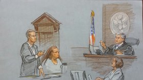 Kresba zachycující Kim Davis u soudu
