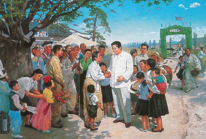 Korejské propagandistické obrazy ze života Kim Ir-sena.