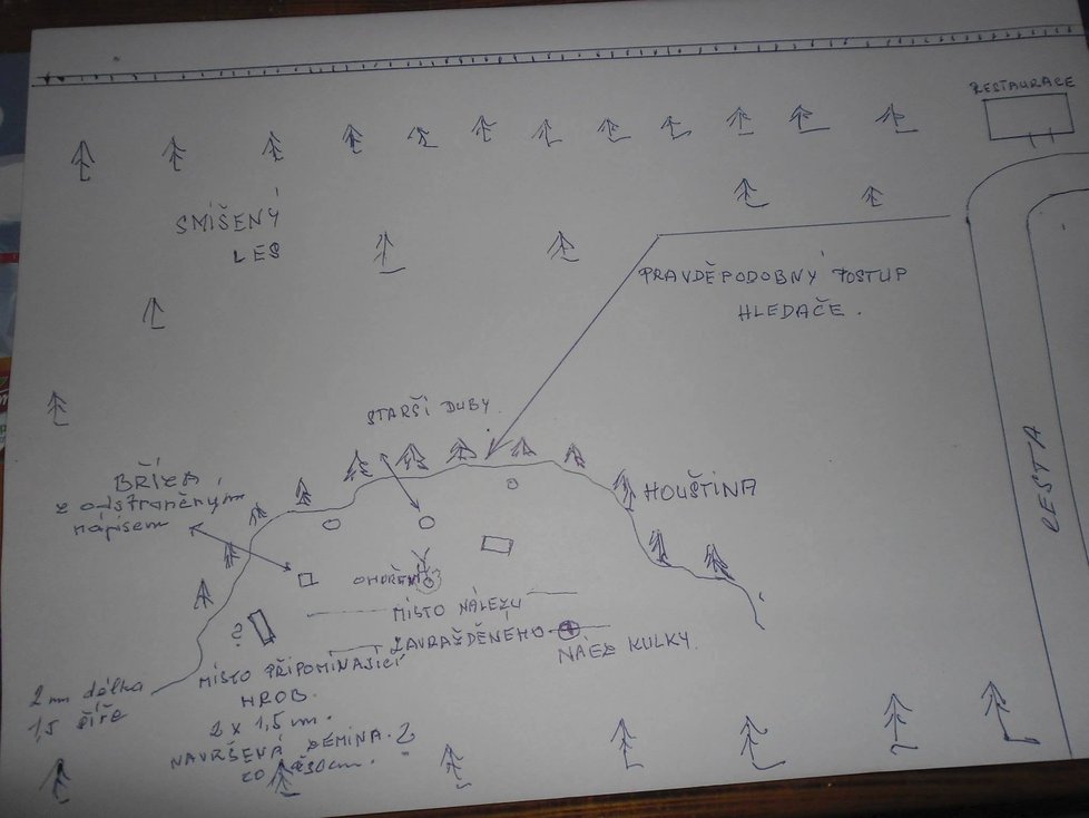 Josef Mužík policii nakreslil mapku s místem nálezu kulky.
