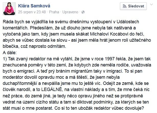 Advokátka Klára Samková po pořadu Události, komentáře na ČT24 nešetřila ani moderátora Dolanského.