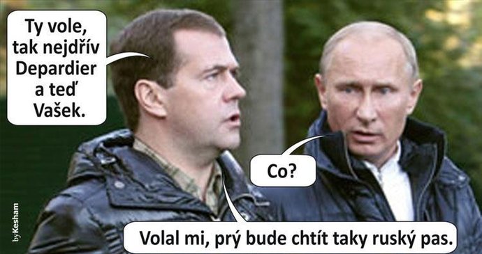 Internet si střílí z Klausova výroku o tom, že emigruje v případě výhry knížete: Rozhovor Medveděva a Putina naráží na ruské občanství francouzského herce Depardieua