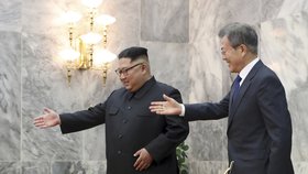 Jihokorejský prezident Mun Če-in (vlevo) a vůdce KLDR Kim Čong-un se setkali v demilitarizované zóně (26. 5. 2018).