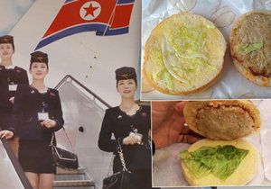 Pověstný »burger« podávaný na letech severokorejské aerolinky Air Koryo.