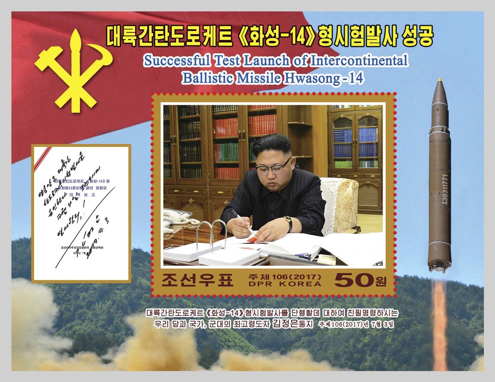 Severní Korea svoje raketové úspěchy oslavila speciální edicí poštovních známek