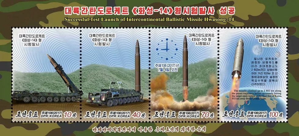 Severní Korea svoje raketové úspěchy oslavila speciální edicí poštovních známek.