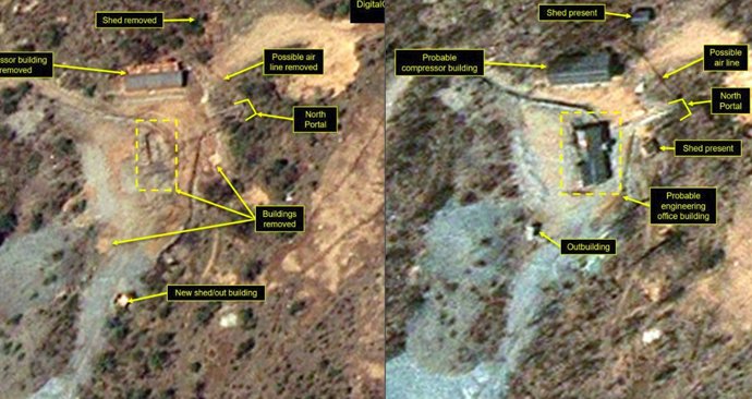 Satelitní snímky ukazují postupnou likvidaci severokorejského jaderného střediska. Záběry ze 7. května vlevo.