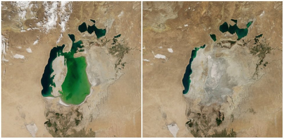 Aralské jezero, centrální Asie, srpen 2000 — srpen 2014.