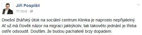 Reakce na útok na centrum Klinika: Europoslanec Jiří Pospíšil