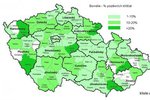 Mapa rozšíření boreliozy v ČR. Mapa zobrazuje procenta pozitivních klíšťat,  testovaných v laboratoři Dr. Burýškové v letech 2006-2010.