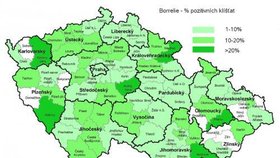 Mapa rozšíření boreliozy v ČR. Mapa zobrazuje procenta pozitivních klíšťat,  testovaných v laboratoři Dr. Burýškové v letech 2006-2010.