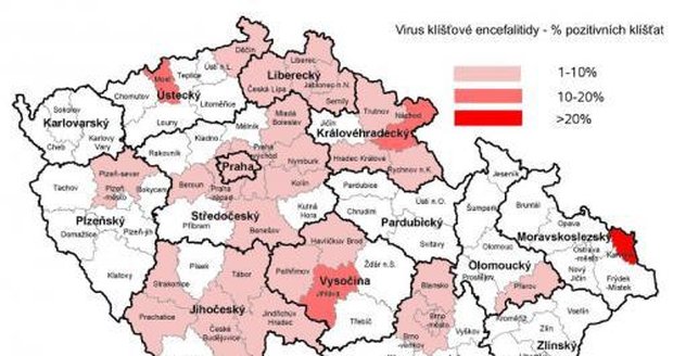 Mapa rozšíření klíšťové encefalitidy v ČR. Mapa zobrazuje procenta pozitivních klíšťat , testovaných v laboratoři Dr. Burýškové v letech 2006-2010.