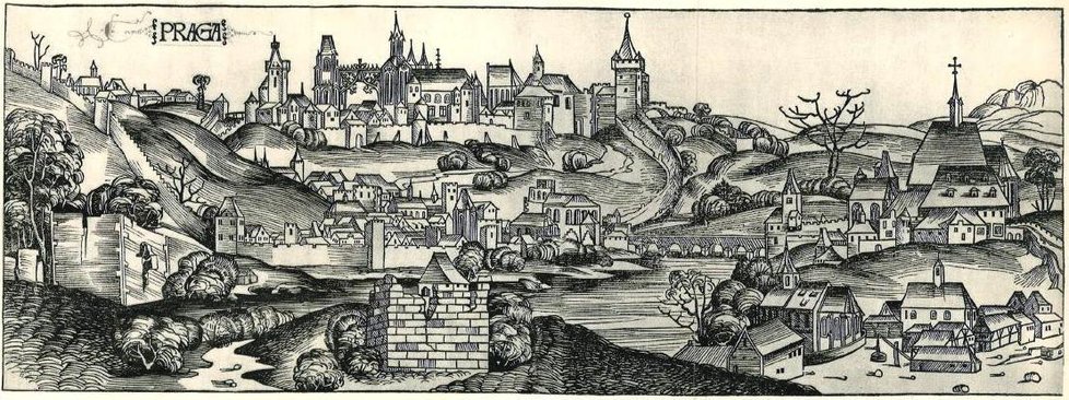 Pohled na Prahu z Norimberské kroniky z roku 1493. Výtisk odcizený z fary ve Křtinách měl podle znalce hodnotu 900 tisíc korun.