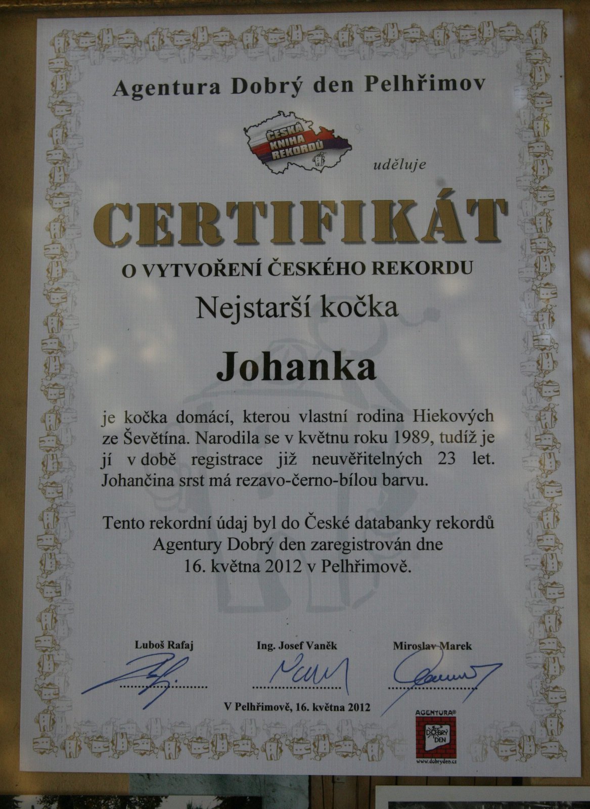 Johančin certifikát o vytvoření rekordu od pelhřimovské agentury Dobrý den.