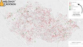 Smutná kastrační mapa - zelené puntíky jsou obce s kastračním programem