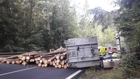 Na Karlovarsku havaroval náklaďák vezoucí dřevo: Těžké klády zasáhly osobní vůz!