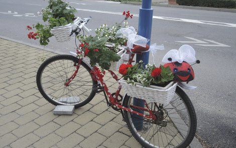 Veselé kolo s roztomilou beruškou vzbuzuje pozornost před Zahrádkářským centrem u mostu přes Nežárku. ¨