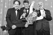 Zdenek Sverak(R), Jan Sverak(C) and Eric Abraham(L) hold Andrei Chalimon after they won the Oscar for best foreign film for &#34;Kolya&#34; during the 69th Annual Academy Awards 24 March 1997 in Los Angeles. It was the first Academy Award won for a film from the Czech Republic. AFP PHOTO Kim Kulish