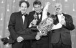 Zdenek Sverak(R), Jan Sverak(C) and Eric Abraham(L) hold Andrei Chalimon after they won the Oscar for best foreign film for "Kolya" during the 69th Annual Academy Awards 24 March 1997 in Los Angeles. It was the first Academy Award won for a film from the Czech Republic. AFP PHOTO Kim Kulish