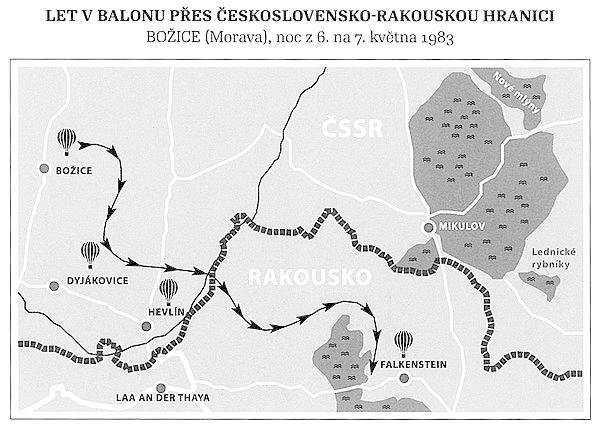 Rekonstrukce přeletu hranic. V Americe to s kopií balonu předváděl několikrát nadšeným davům. 