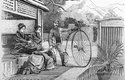 Výtvarné zpracování cyklisty Thomase Stevense v Japonsku, který proslul cestou okolo světa na svém nesymetrickém kole.