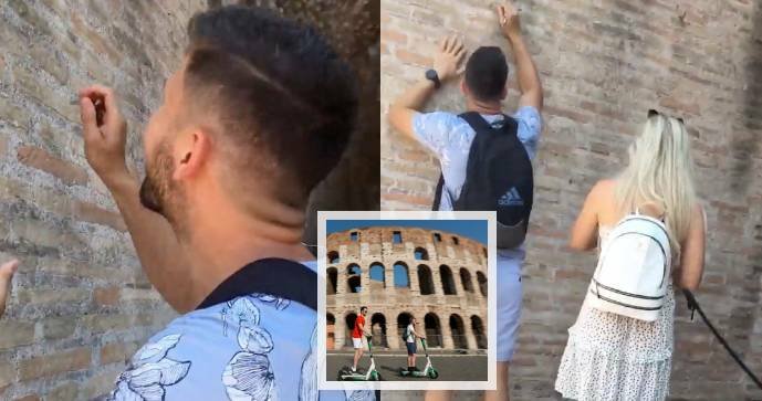 Turista Ivan Dimitrov vyryl do zdi Kolosea jména sebe a své přítelkyně (červen 2023).