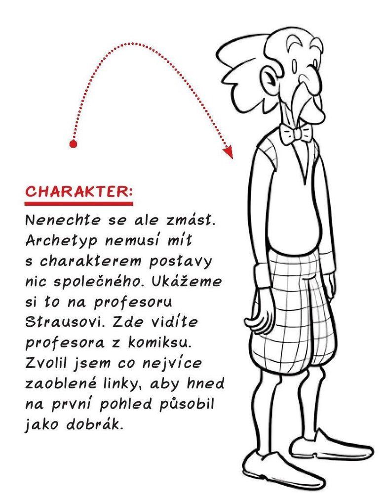 Archetyp nemusí mít s charakterem nic společného. Zde vidíte profesora z komiksu. Zvolil jsem co nejvíce zaoblené linky, aby hned na první pohled působil jako dobrák