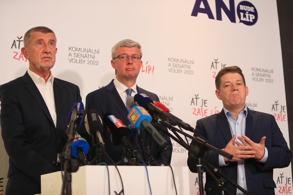 Andrej Babiš, Karel Havlíček a Patrik Nacher na tiskovce ve štábu ANO (24.9.2022)
