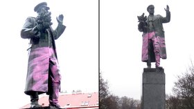 Neznámý sprejer nastříkal sochu maršála Koněva narůžovo