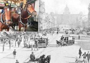 Koňská dráha na Václavském náměstí roku 1895 a zachovalý vůz koněspřežné tramvaje, který můžete vidět v Muzeu MHD ve Střešovicích.