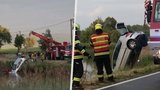 Z převráceného auta se vyškrábali sami: Řidič na Berounsku skončil po rychlé jízdě v rybníce