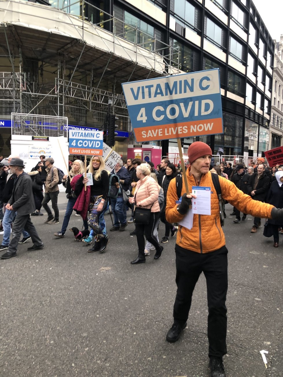 Muž na demonstraci rozdává letáky, ve kterých se tvrdí, že na léčbu lehkého a těžkého průběhu covidu stačí pouze vitamin D