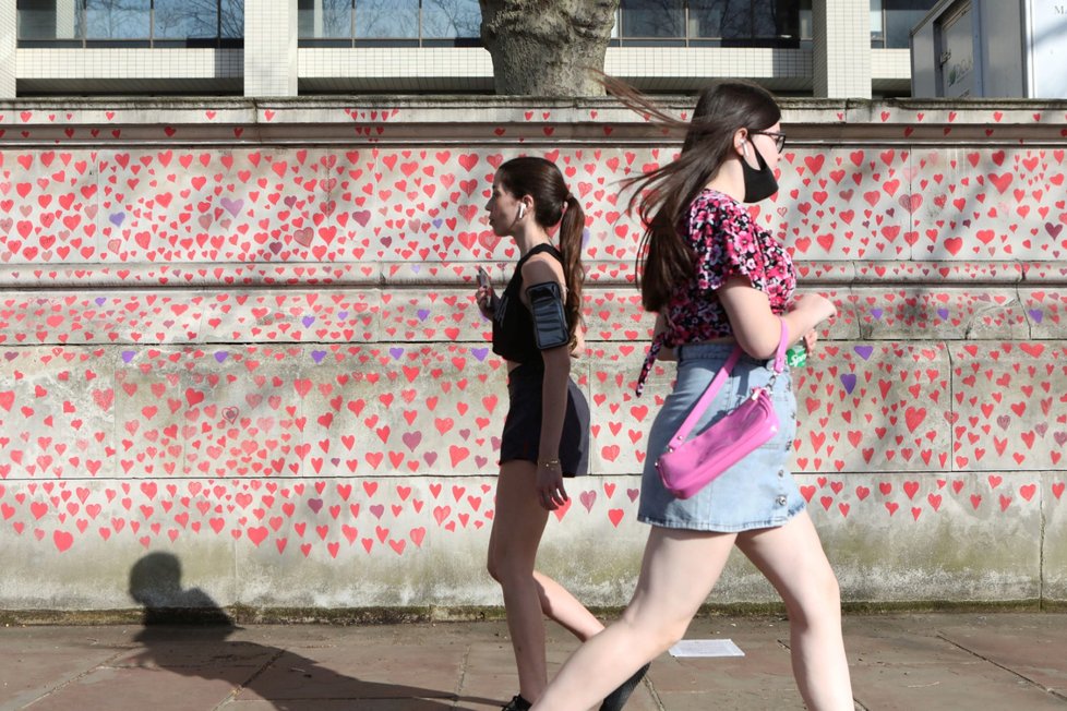 Zeď naproti britskému parlamentu pokrylo přes 145.000 křídou nakreslených červených srdcí na památku obětí koronaviru v Británii a další stále přibývají (30. 3. 2021)