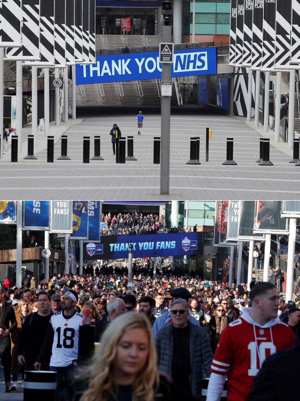 Porovnání před pandemií a nyní: ulice k stadionu Wembley v Británii
