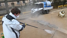 Pracovníci specializované firmy dezinfikovali horkou párou dětské hřiště v Tyršově sadu u Botanické ulice v Brně.