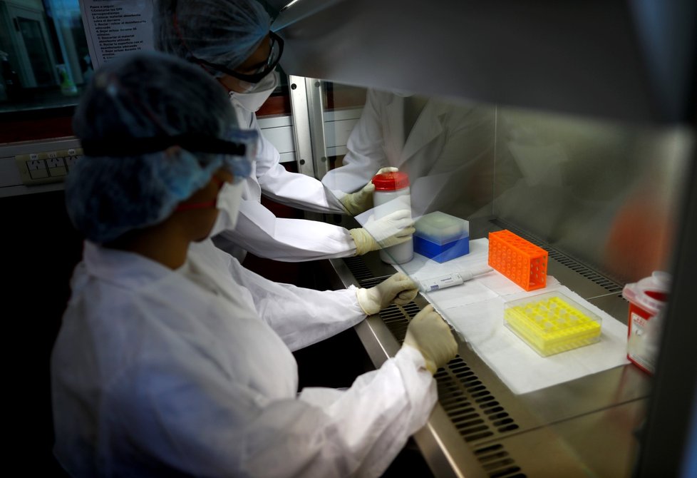 Příprava analýzy koronaviru v laboratoři Mlabran v Buenos Aires