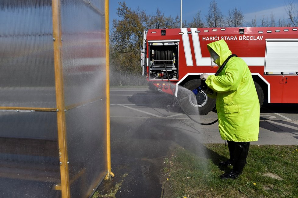 Dobrovolní hasiči z JSDH Stará Břeclav jako prevenci proti nákaze koronavirem dezinfikovali 11. dubna 2020 lavičky a zastávky v centru Břeclavi.