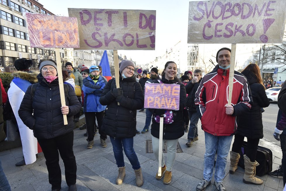 Na Václavském náměstí v Praze se konala 31. 1. 2021 demonstrace v rámci akce &#34;Jsme lidi, nás nevypnete&#34;. Přišly stovky lidí.