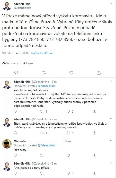 Primátor Prahy Zdeněk Hřib (Piráti) oznámil šestého nakaženého v ČR na twitteru (4.3.2020)
